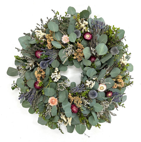 Mom's Botanical Wreath - Creekside Farms Lush wreath made with fresh greenery and dried flowers perfect for Moms of all ages 18 & 22"