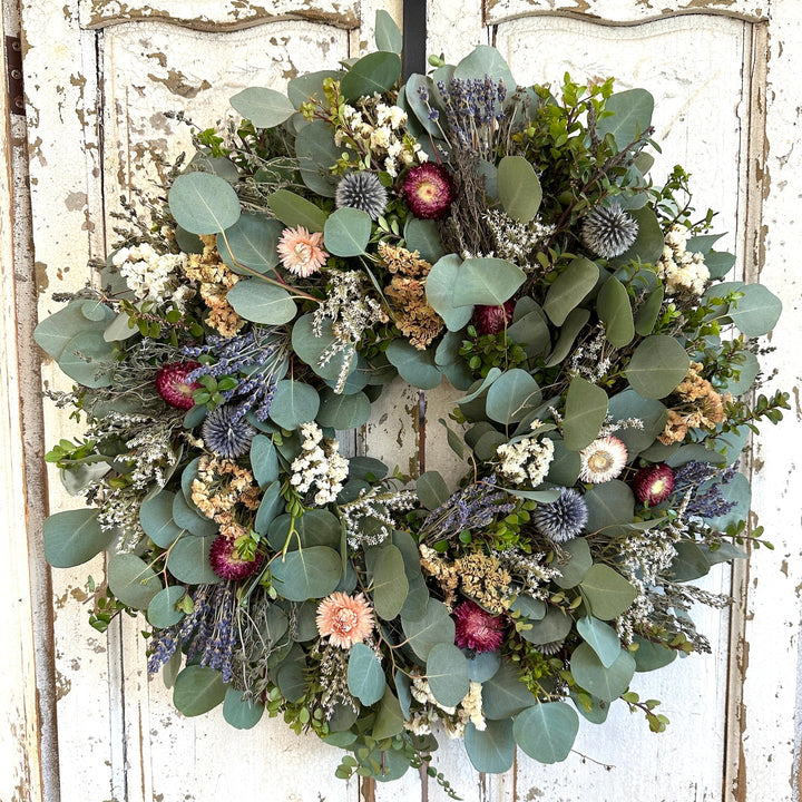 Mom's Botanical Wreath - Creekside Farms Lush wreath made with fresh greenery and dried flowers perfect for Moms of all ages 18 & 22"