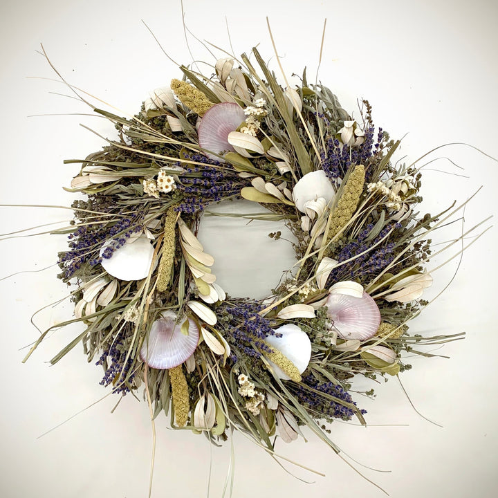 Ocean Breeze Wreath - Creekside Farms Beautiful savory, marjoram, sage, integrafolia, shells, lavender & Australian daisy wreath 18"