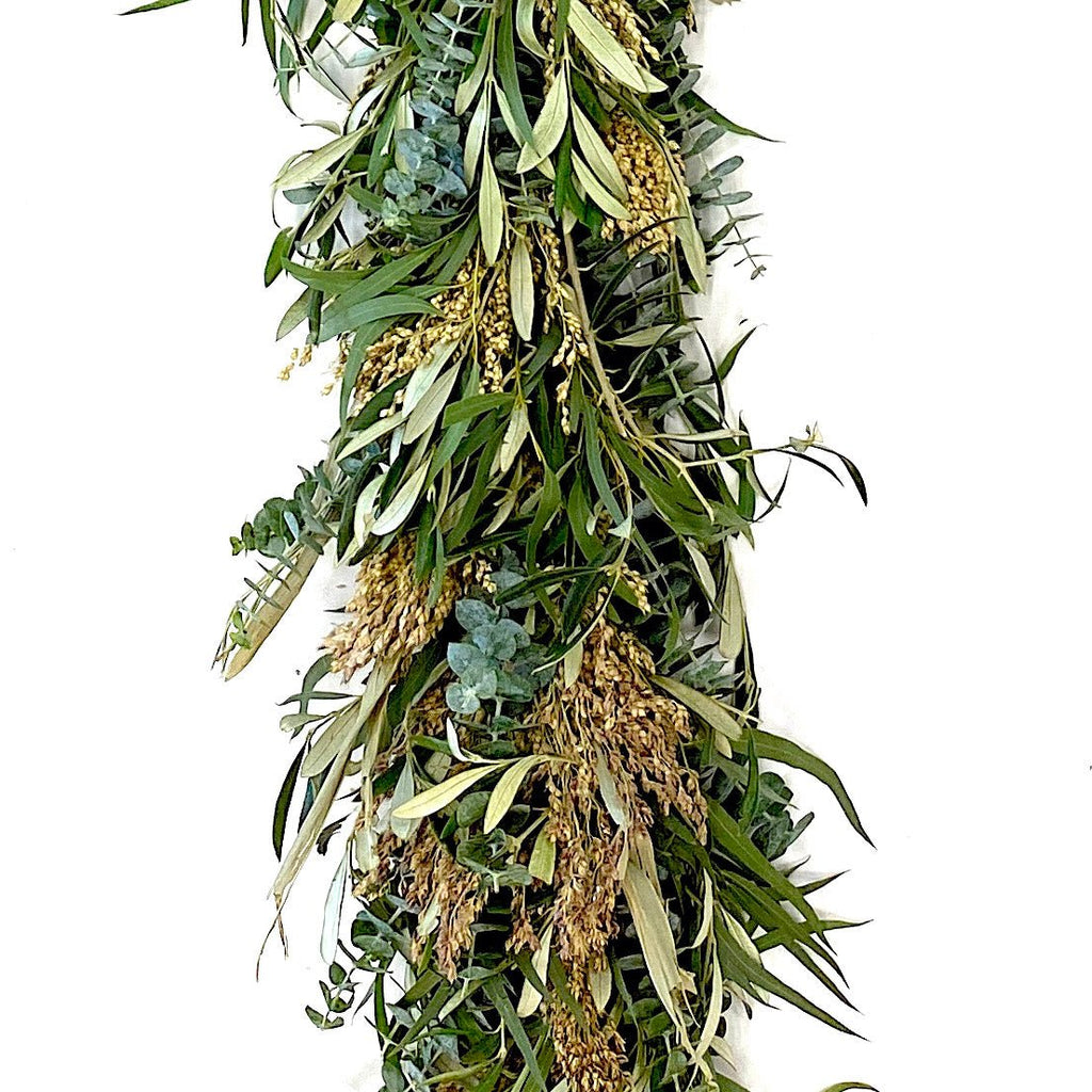 Olive & Eucalyptus Garland 6' - Creekside Farms Handmade with eucalyptus, olive and sorghum fresh garland 6'
