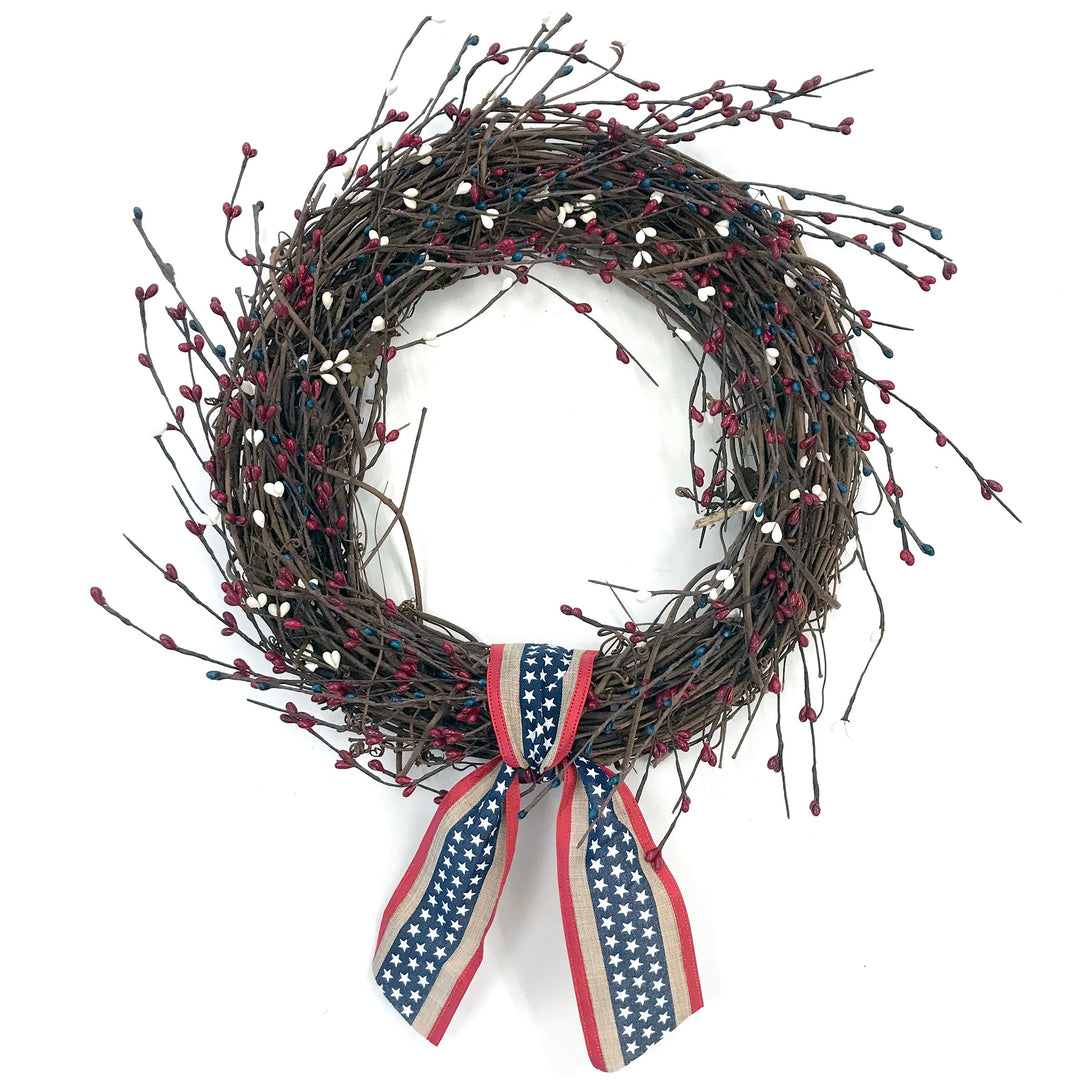 Patriotic Wreath - Creekside Farms Red, White, & Blue twig wreath with red, blue and white faux berries 16"