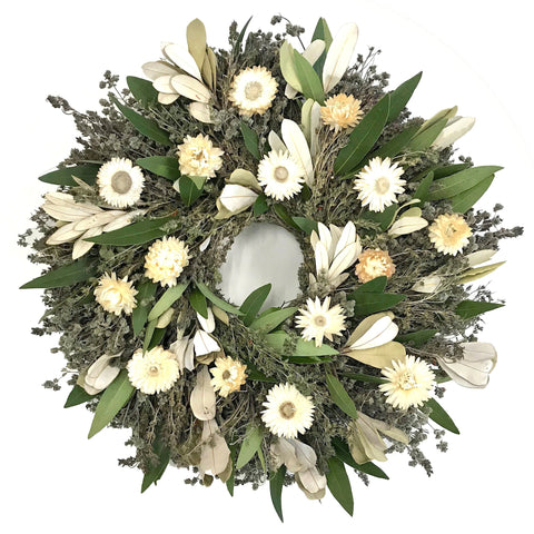 Pearl Wreath - Creekside Farms Classic everlasting with white strawflowers and dried herbs wreath 16" or 22"