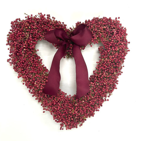 Pepperberry Heart Wreath - Creekside Farms Artisan made heart with pepperberries. Choose burgundy or pink ribbon on this heart wreath 14"