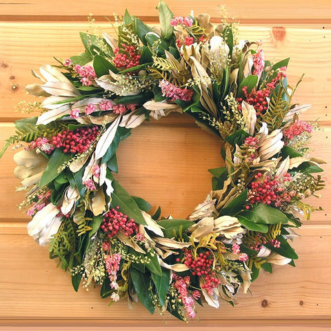 Pink Berry Wreath - Creekside Farms Dried Pepperberries and larkspur accent the bay and integrafolia wreath 18"