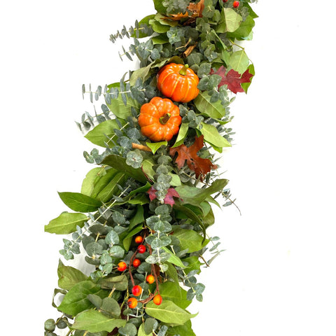 Pumpkin Spice Garland 6' - Creekside Farms Perfect combination of fall leaves, fragrant eucalyptus, faux pumpkins and spicy cinnamon sticks garland 6'