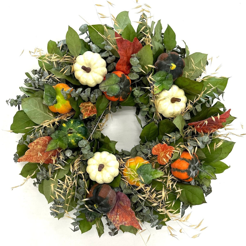 Pumpkins Galore Wreath - Creekside Farms Fresh eucalyptus and salad, with bright vivid pumpkins and wheat wreath 20"
