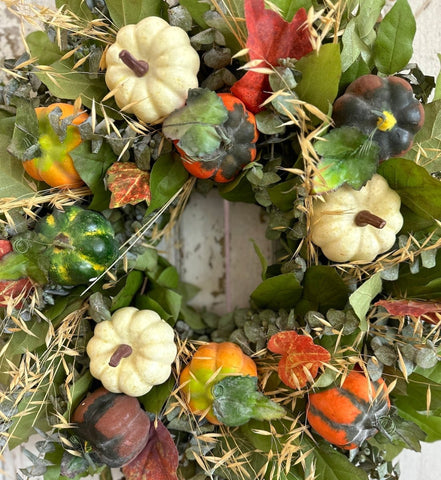 Pumpkins Galore Wreath - Creekside Farms Fresh eucalyptus and salad, with bright vivid pumpkins and wheat wreath 20"