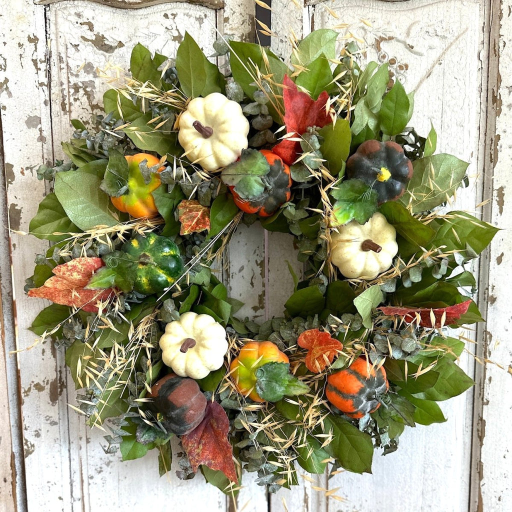 Pumpkins Galore Wreath - Creekside Farms Fresh eucalyptus and salad, with bright vivid pumpkins and wheat wreath 20"