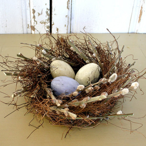 Pussy Willow Nest with Egg Soaps - Creekside Farms Vines and pussy willow nest filled with french egg shaped soaps 10"