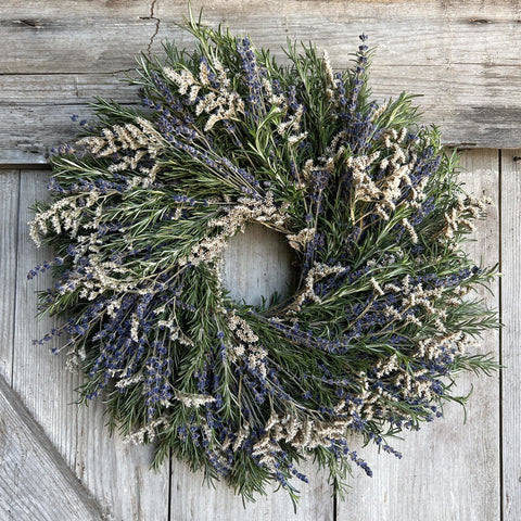 Remembrance Wreath - Creekside Farms Made with fresh rosemary that signifies love and remembrance, soothing lavender and white German statice. A thoughtful gift offering your condolences during a difficult time.