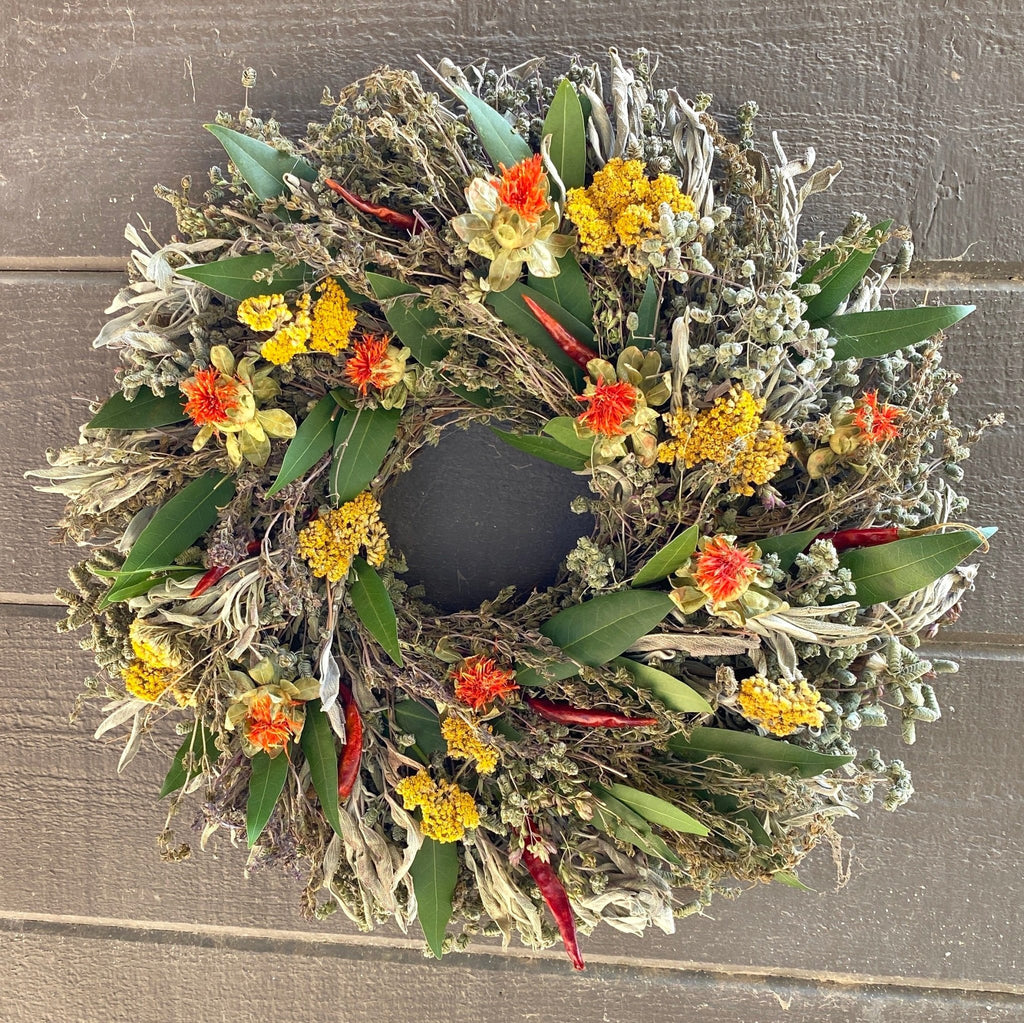 Safflower Herb Wreath - Creekside Farms Gorgeous mix of dried marjoram, savory, sage, colorful flowers and chilies wreath 16"