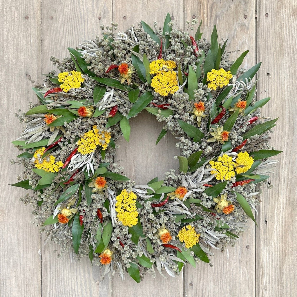 Safflower Herb Wreath - Creekside Farms Gorgeous mix of dried marjoram, savory, sage, colorful flowers and chilies wreath 16" and 22"