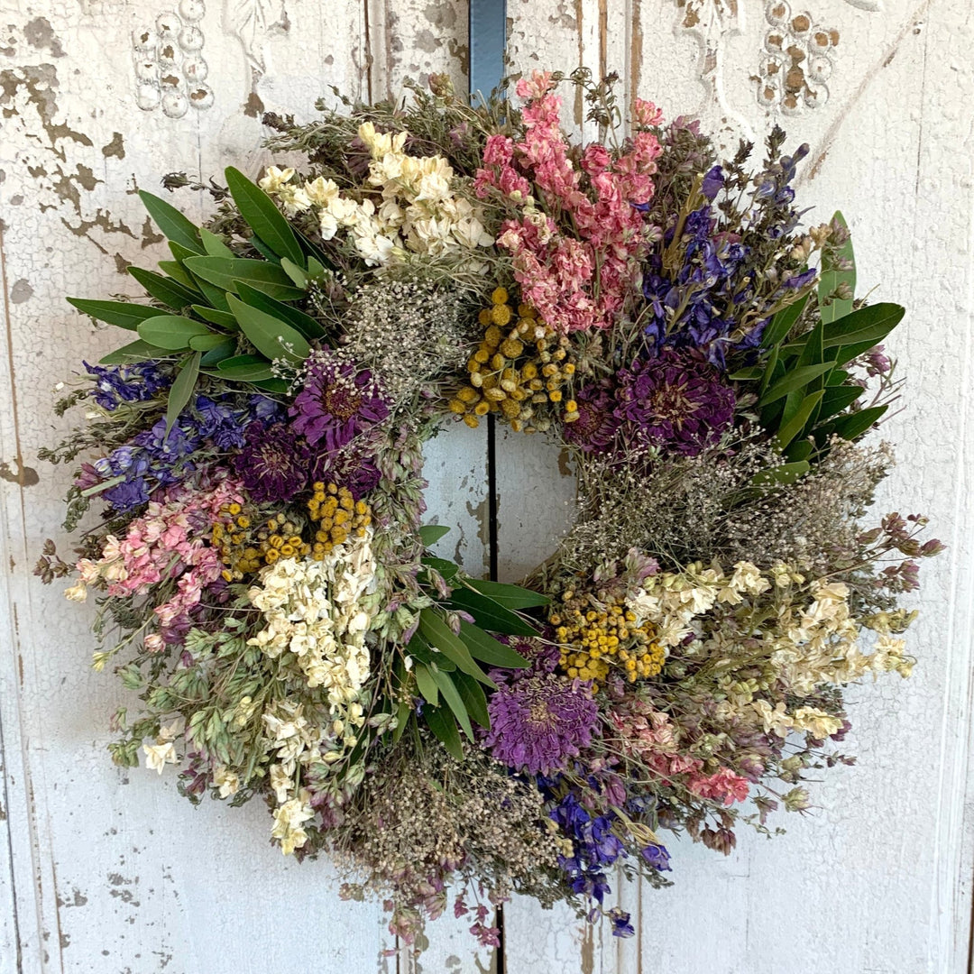 Spring Awakening Wreath - Creekside Farms Mixture of tansy, monarda, zinnias, sage, marjoram, statice & Larkspur wreath 16"