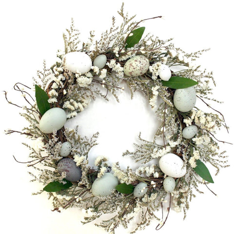 Spring Egg Wreath - Creekside Farms Classic spring wreath made with white florals, fresh green bay, and realistic neutral toned faux eggs 18"