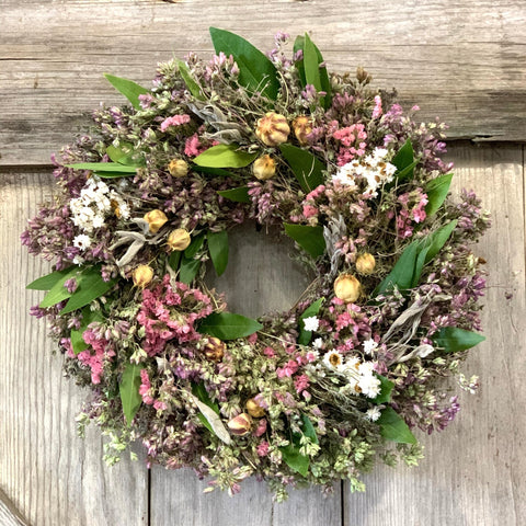 Spring Nigella Wreath - Creekside Farms Assortment of dried light colored flowers and fresh bay wreath 16"