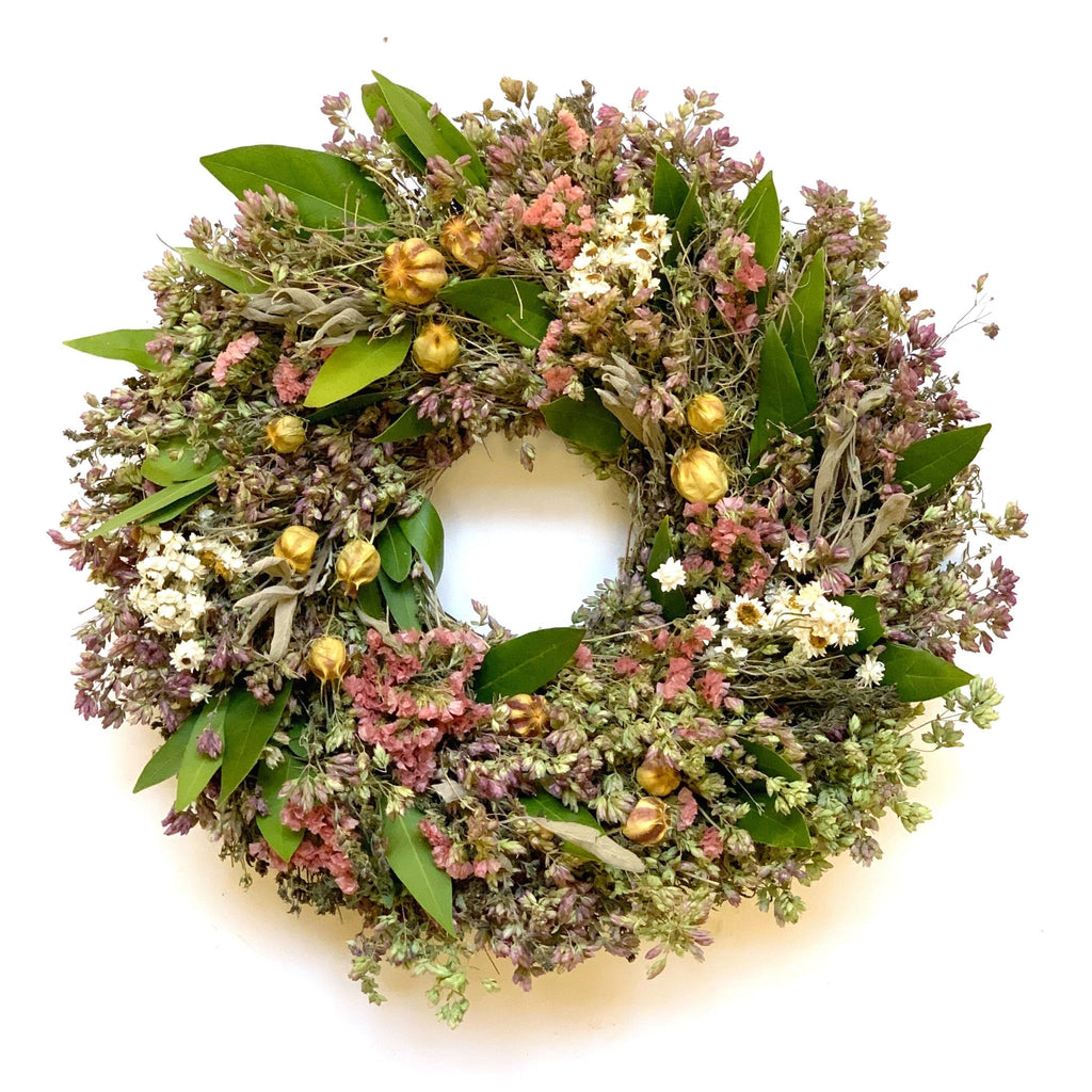 Spring Nigella Wreath - Creekside Farms Assortment of dried light colored flowers and fresh bay wreath 16"