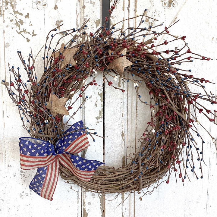 Stars & Stripes Wreath - Creekside Farms 4th of July twig wreath decorated with wooden stars and faux berries 16"