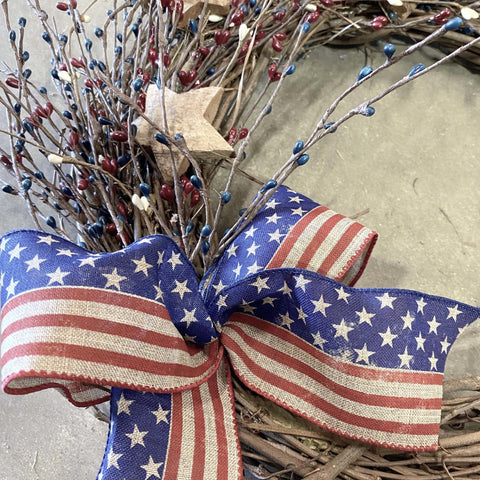 Stars & Stripes Wreath - Creekside Farms 4th of July twig wreath decorated with wooden stars and faux berries 16"