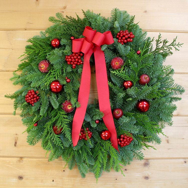 Sugared Fruit and Berries Wreath - Creekside Farms Handmade with fresh fir and cedar with sugared fruit, ornaments and faux berries wreath 22"