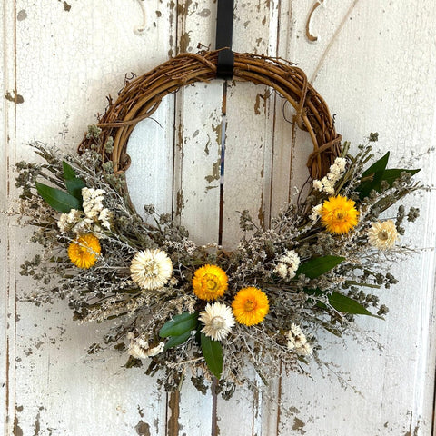 Summer Floral Wreath - Creekside Farms All natural wreath with vibrant strawflowers, marjoram and fresh bay on twig base wreath 16"