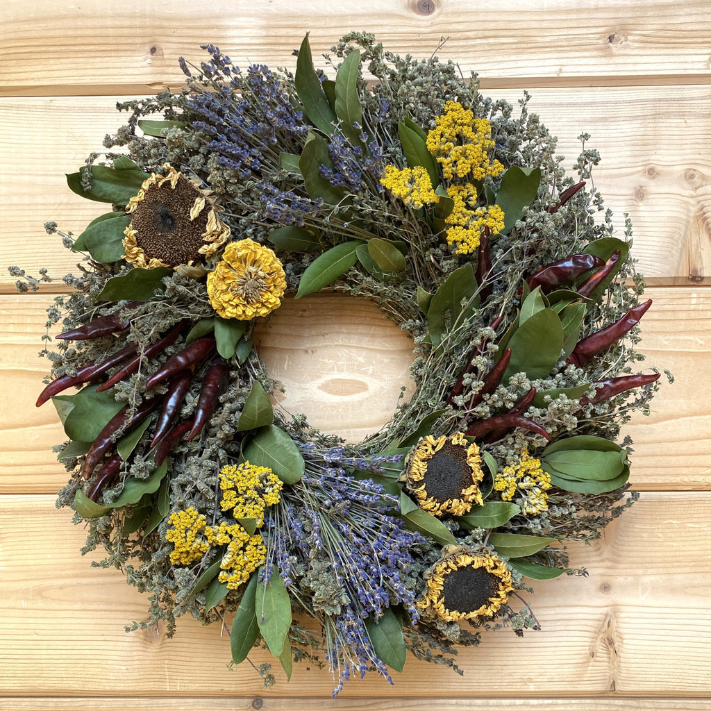 Sunflower Herb Wreath - Creekside Farms Beautiful blend of dried herbs, sunflowers, and chiles make this wonderful wreath 18" or 22"