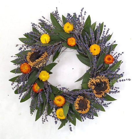 Sunflower Lavender Wreath - Creekside Farms Handmade with dried lavender, sunflowers and strawflowers with fresh bay wreath 16" or 20"