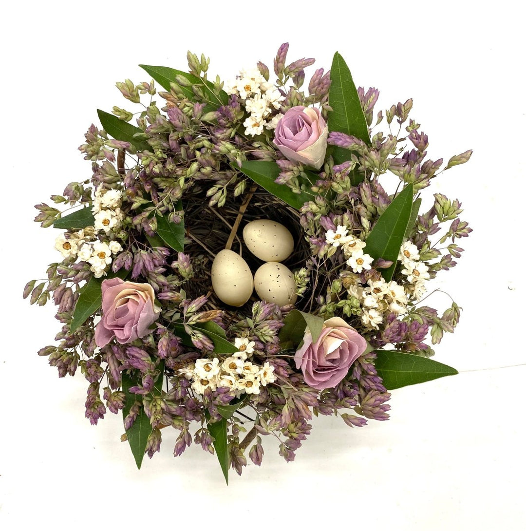 Sweet Spring Nest - Creekside Farms Soft florals and faux eggs complete this lovely twig nest 10"