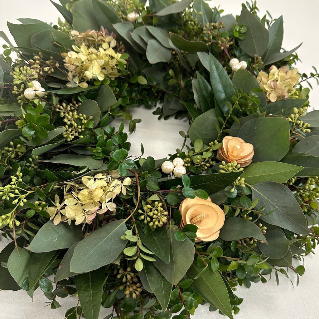 Sweet Spring Wreath - Creekside Farms A timeless mix of neutral tones with pearls and wooden cream roses wreath 18"