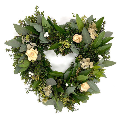 Sweet Valentine Heart Wreath - Creekside Farms A timeless mix of neutral tones with pearls and cream roses heart wreath 18"