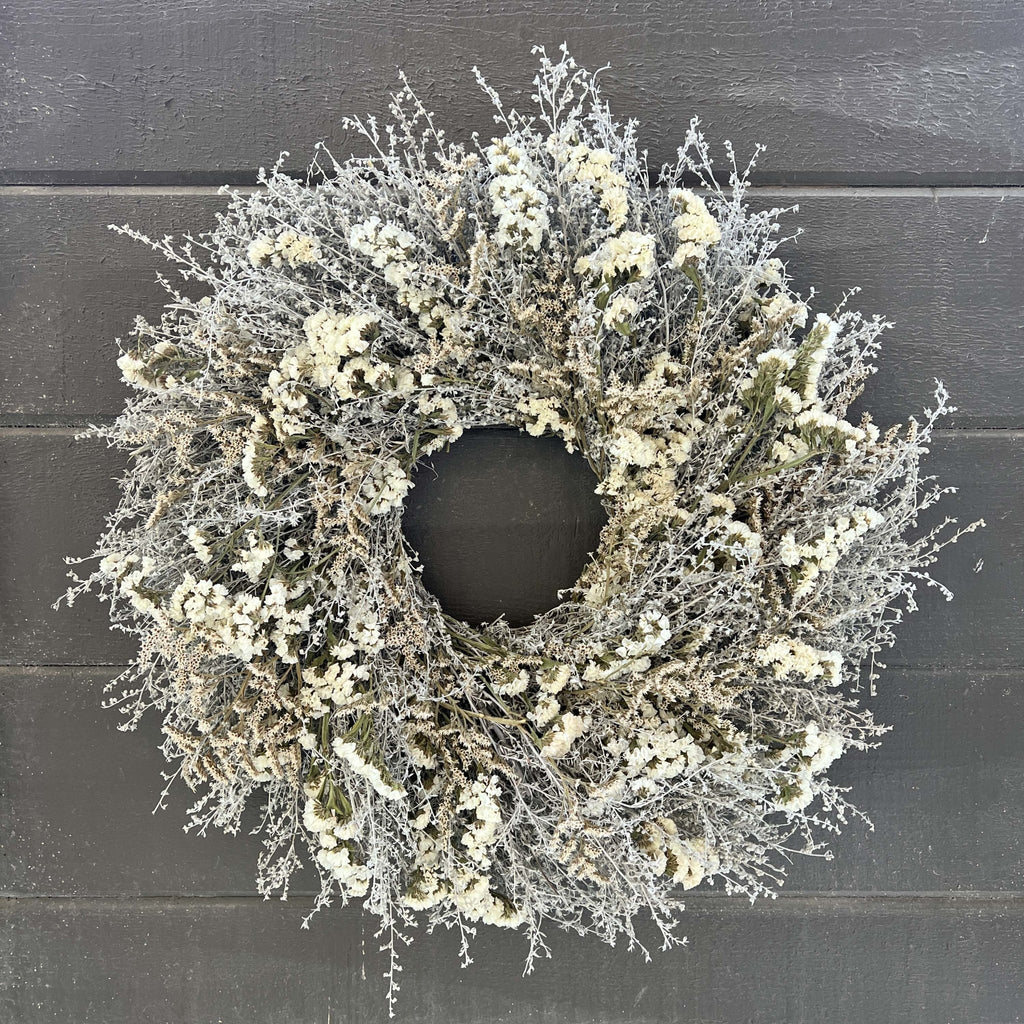 Sympathy Wreath - Creekside Farms Soft white tones, made with three delicate ingredients, artemisia, white statice and German statice 20"