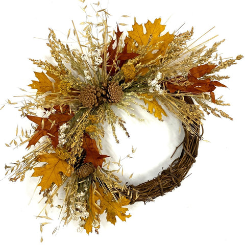 Welcome Autumn Wreath - Creekside Farms Perfectly fall with grains, preserved fall leaves, wheat and pine cones dried wreath 18"