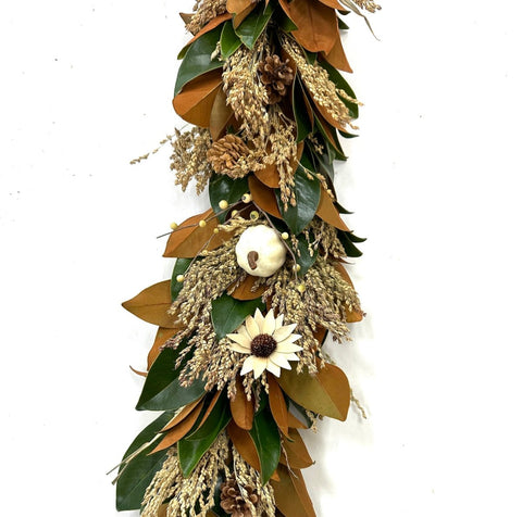 White Pumpkin Magnolia Garland 6' - Creekside Farms Beautiful mix of fresh magnolia & grains with faux white pumpkins, pine cones & wooden sunflowers garland 6'