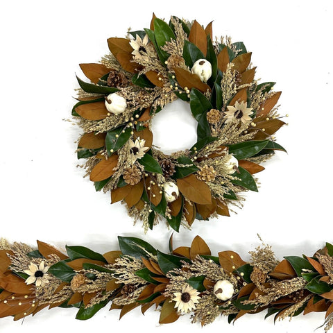 White Pumpkin Magnolia Wreath - Creekside Farms A wonderful combination of fresh magnolia and broom corn with faux white pumpkins, berries and pine cones, elegant wreath 20 & 24"