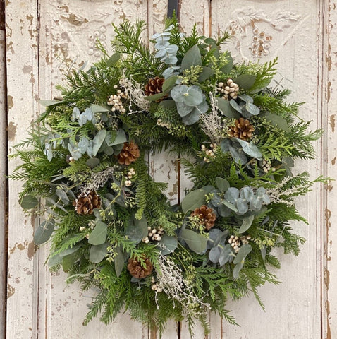 White Winter Wreath - Creekside Farms A stunning combination of fresh greens, pine cones, and white accents wreath 18" & 22"