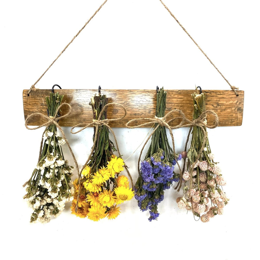 Wine Stave with Floral Bouquets - Creekside Farms Wonderful bouquets of white or blue statice, pink, yellow or orange strawflowers, & globes 18" long