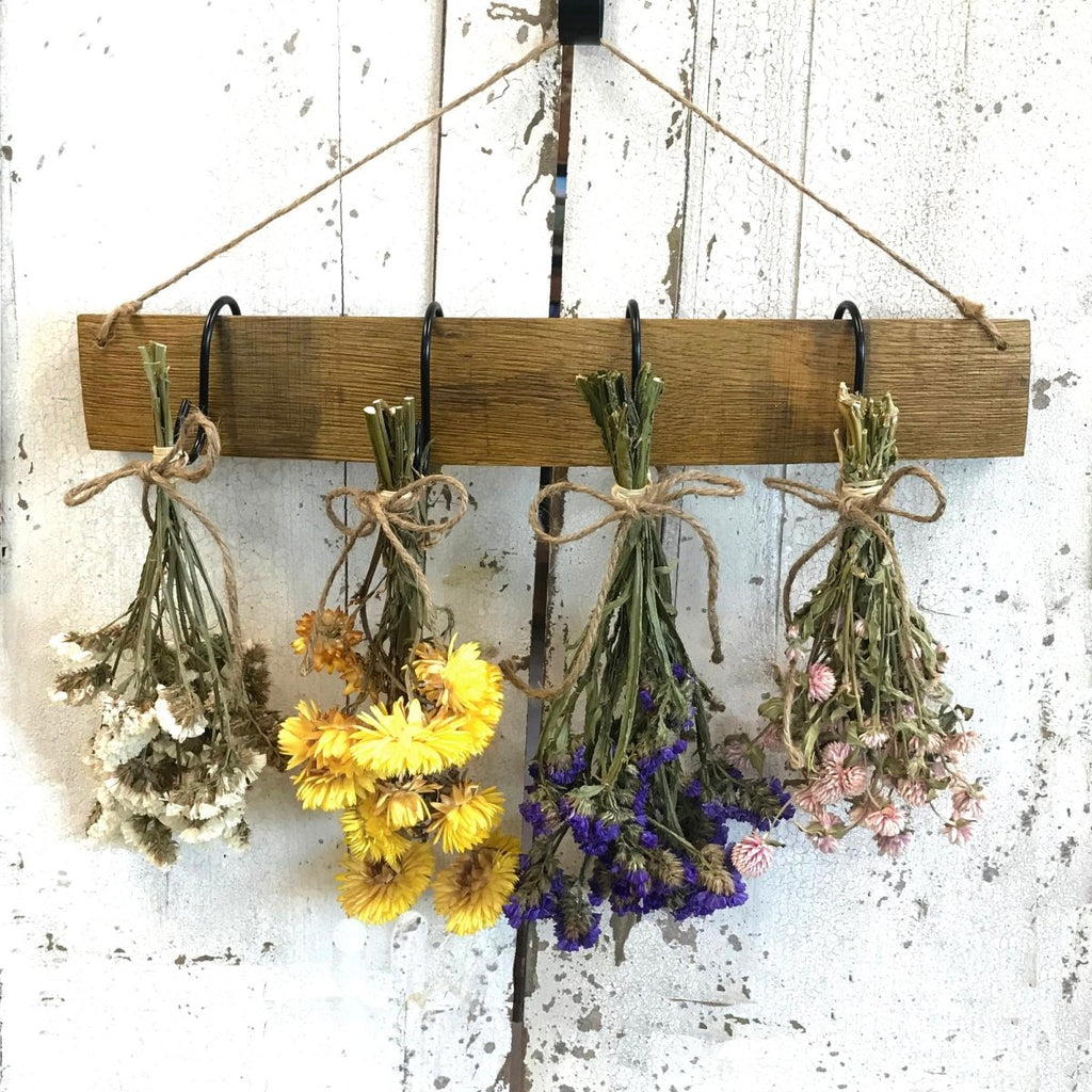 Wine Stave with Floral Bouquets - Creekside Farms Wonderful bouquets of white or blue statice, pink, yellow or orange strawflowers, & globes 18" long