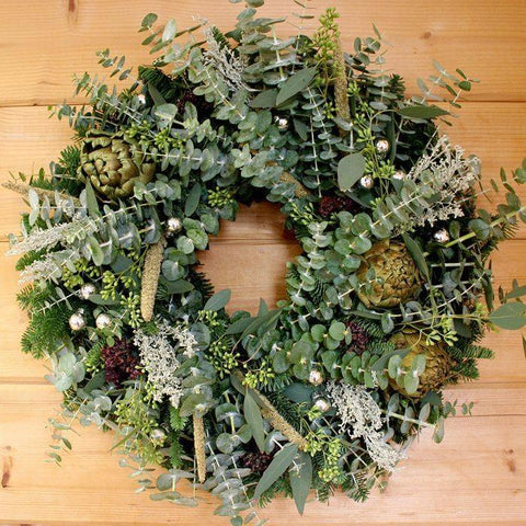 Winter Artichoke Wreath - Creekside Farms Fresh eucalyptus & fir with artichokes, artemisia, grass & silver ornaments wreath 22"/26"