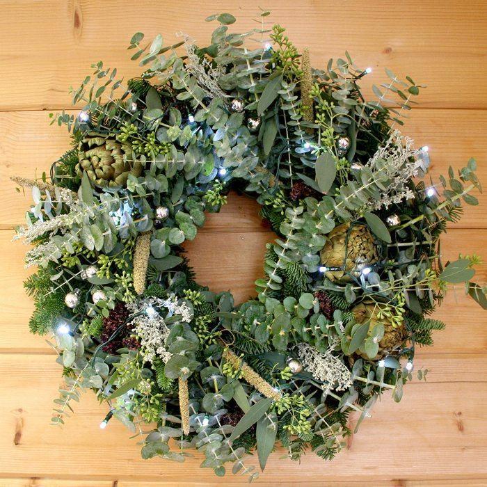 Winter Artichoke Wreath - Creekside Farms Fresh eucalyptus & fir with artichokes, artemisia, grass & silver ornaments wreath 22"/26"