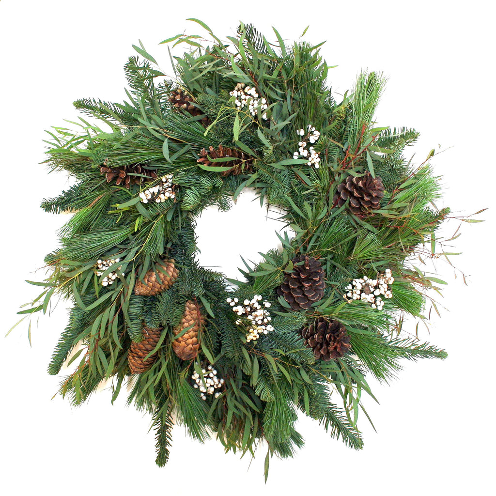 Woodland Tallow Berry Wreath - Creekside Farms Natural & fragrant mix of fresh eucalyptus, pine & fir, dried tallow berries and pine cones wreath 22"